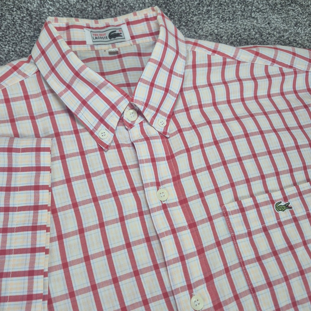 Vintage Lacoste Button Down Shirt Mens XL Red White Check Plaid Short Sleeve